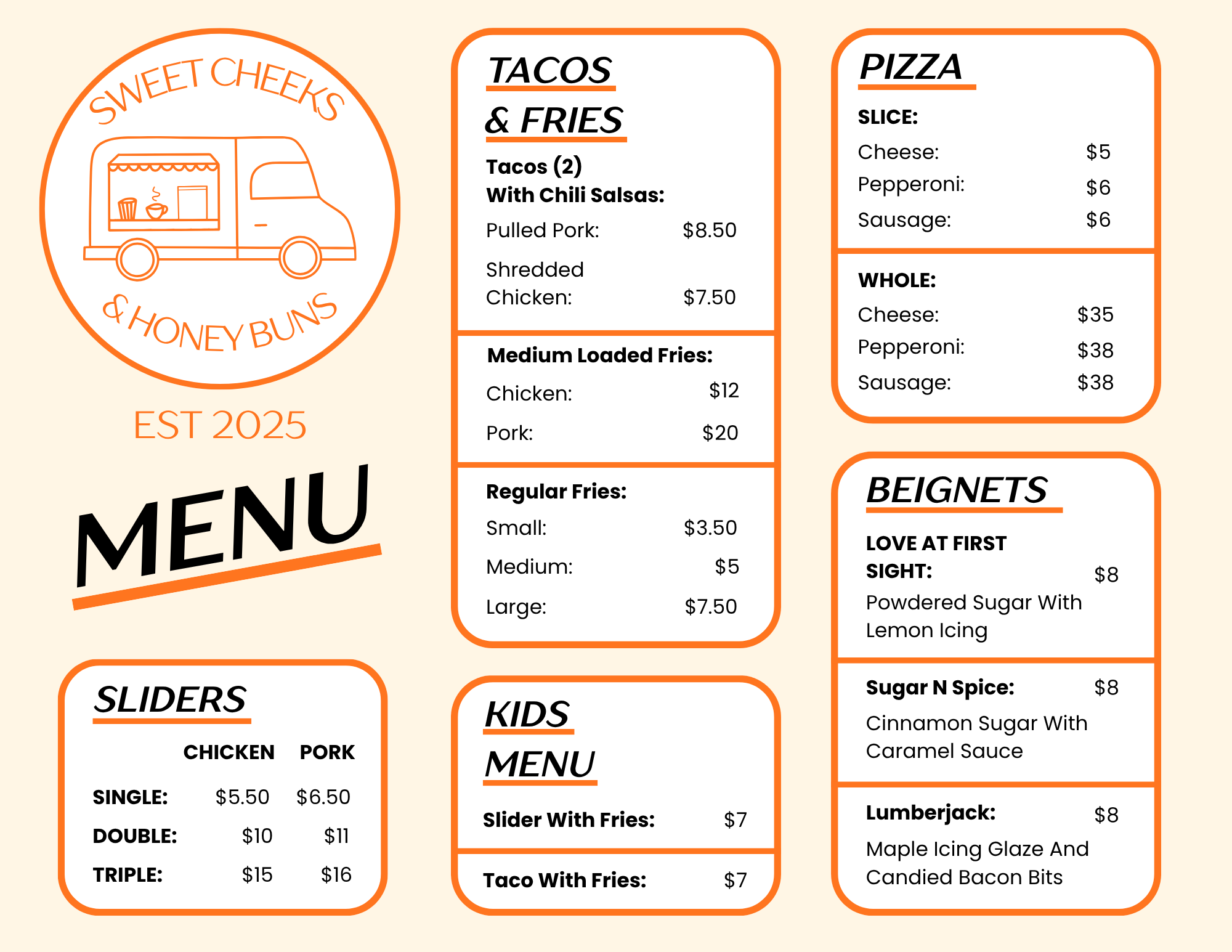 Sweet Cheeks and Honey Buns Menu